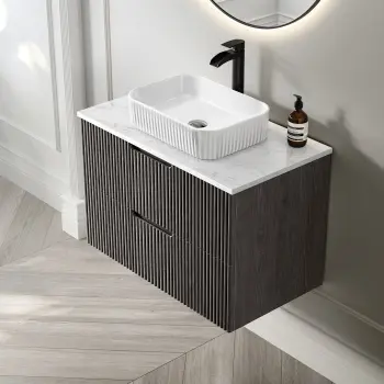 Crete Fluted Charcoal Elm Wall Hung Drawer Vanity with Marble Top & Reno Basin 800mm