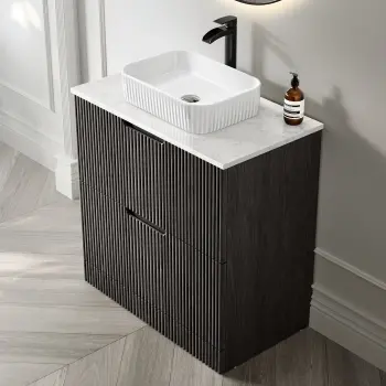 Crete Fluted Charcoal Elm Vanity Drawer with Marble Top & Reno Basin 800mm
