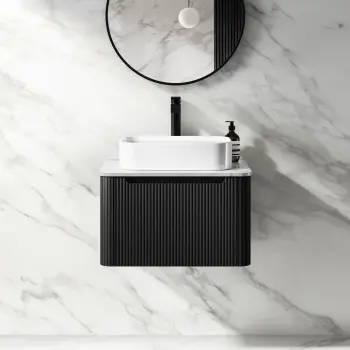 Sorrento Fluted Matt Black Wall Hung Drawer Vanity with Marble Top & Marin Basin 600mm