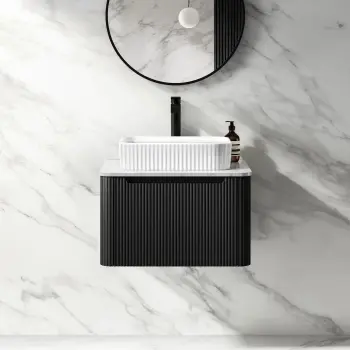 Sorrento Fluted Matt Black Wall Hung Drawer Vanity with Marble Top & Reno Basin 600mm