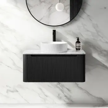 Sorrento Fluted Matt Black Wall Hung Drawer Vanity with Marble Top & Nevis Basin 800mm