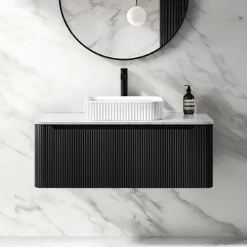 Sorrento Fluted Matt Black Wall Hung Drawer Vanity with Marble Top & Reno Basin 1000mm