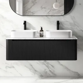 Sorrento Fluted Matt Black Double Wall Hung Drawer Vanity with Marble Top & Marin Basin 1200mm