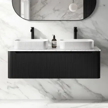 Sorrento Fluted Matt Black Double Wall Hung Drawer Vanity with Marble Top & Reno Basin 1200mm