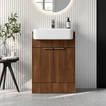 Sicily Fluted Black Walnut Vanity with Semi Recessed Basin 600mm - Chrome Handles