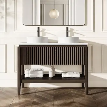 Maru Black Oak Wood Grain Vanity Cabinet 1200mm with Matt White Stone Top - Basin Not Included