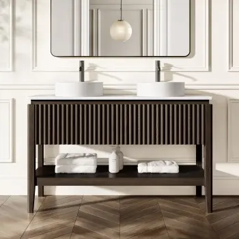 Maru Black Oak Wood Grain Vanity Cabinet 1400mm with Matt White Stone Top - Basin Not Included