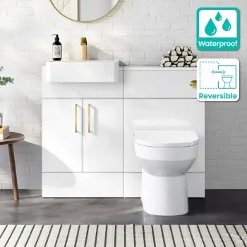 100% Waterproof - Harper Gloss White PVC Vanity Basin & Miami Toilet 1000mm - Brushed Brass Accents