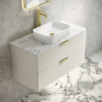 Cadiz Fluted Linen White Wall Hung Vanity Marble Top & Reno Basin 1000mm - Brushed Brass Accents