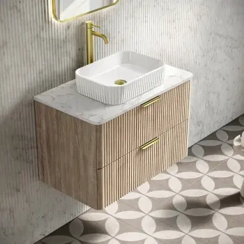 Cadiz Fluted Apex Oak Wall Hung Vanity Marble Top & Reno Basin 800mm - Brushed Brass Accents
