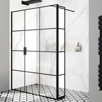 Munich Matt Black Grid 8mm Wet Room Shower Glass 1400mm & 250mm Pivotal Return Panel