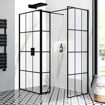 Munich Matt Black Grid 8mm Walk In Shower Enclosure 900mm & 700mm Glass with Pivotal Return Panel
