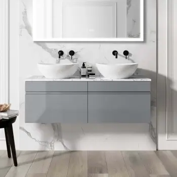 Trent Stone Grey Double Wall Hung Drawer Vanity with Marble Top & Oval Counter Top Basin 1200mm