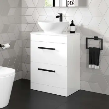 Avon Gloss White Vanity Drawer with Oval Counter Top Basin 600mm - Black Accents