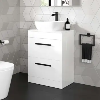 Avon Gloss White Vanity Drawer with Curved Counter Top Basin 600mm - Black Accents