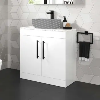 Avon Gloss White Counter Top Vanity with Marble Top 800mm - Black Accents