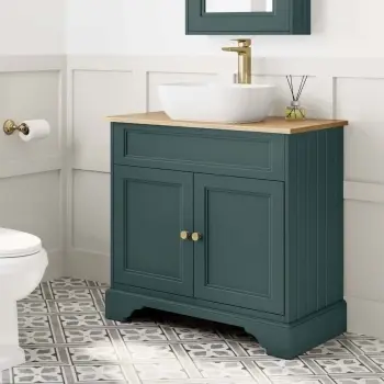 Lucia Midnight Green Vanity with Oak Effect Top & Curved Counter Top Basin 840mm - Brass Accents