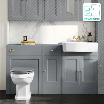 Monaco Dove Grey Vanity Basin and Hudson Toilet with Wooden Seat 1500mm - Brushed Brass Accents