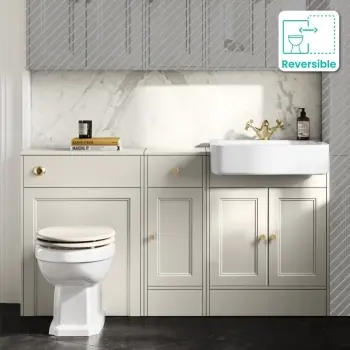 Monaco Chalk White Vanity Basin and Hudson Toilet with Wooden Seat 1500mm - Brushed Brass Accents