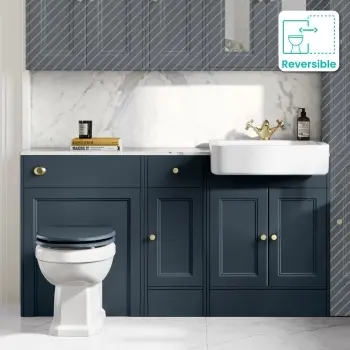 Monaco Inky Blue Vanity Basin with Marble Top and Hudson Toilet Wooden Seat 1500mm - Brass Accents
