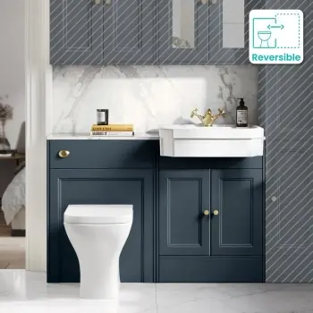 Monaco Inky Blue Vanity Traditional Basin with Marble Top & Atlanta Toilet 1200mm - Brass Accents
