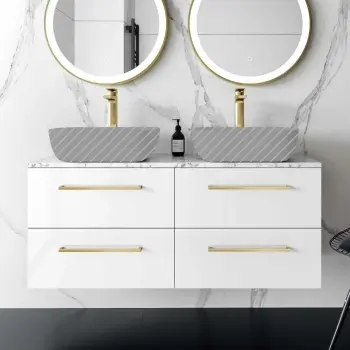 Elba Gloss White Wall Hung Drawer with Marble Top 1200mm Excludes Basins - Brushed Brass Accents