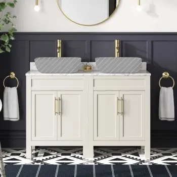 Bermuda Chalk White Cabinet with Marble Top 1200mm Excludes Basin - Brass Knurled Handles