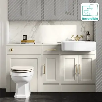 Monaco Chalk White Vanity Basin and Hudson Toilet with Wooden Seat 1500mm - Brass Knurled Handles