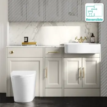 Monaco Chalk White Vanity Basin with Marble Top and Boston Toilet 1500mm - Brass Knurled Handles