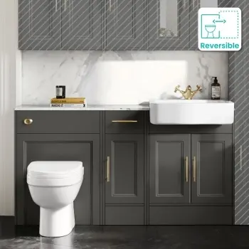Monaco Graphite Grey Vanity Basin with Marble Top and Seattle Toilet 1500mm - Brass Knurled Handles