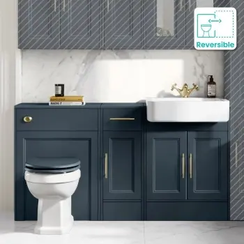 Monaco Inky Blue Vanity Basin and Hudson Toilet with Wooden Seat 1500mm - Brass Knurled Handles