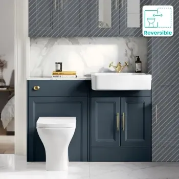 Monaco Inky Blue Vanity Basin with Marble Top & Atlanta Toilet 1200mm - Brass Knurled Handles