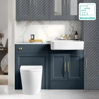 Monaco Inky Blue Vanity Basin with Marble Top & Boston Toilet 1200mm - Brass Knurled Handles