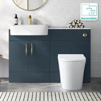 Harper Navy Blue Vanity Basin with Marble Top & Tucson Toilet 1200mm - Brushed Brass Accents