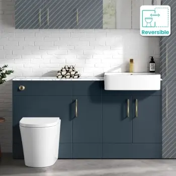 Harper Navy Blue Vanity Basin with Marble Top & Boston Toilet 1500mm - Brushed Brass Accents