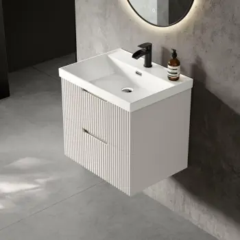 Crete Fluted Linen White Wall Hung Basin Drawer Vanity 600mm