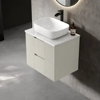 Crete Fluted Linen White Wall Hung Drawer Vanity with Marble Top & Curved Basin 600mm