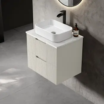 Crete Fluted Linen White Wall Hung Drawer Vanity with Marble Top & Marin Basin 600mm
