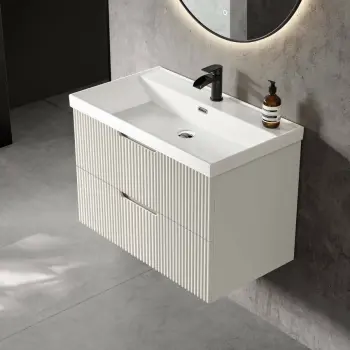 Crete Fluted Linen White Wall Hung Basin Drawer Vanity 800mm