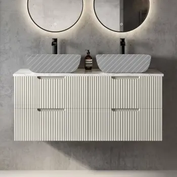 Crete Fluted Linen White Double Wall Hung Vanity Marble Top 1200mm - Excludes Counter Top Basin