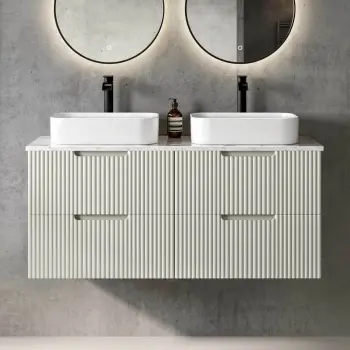 Crete Fluted Linen White Double Wall Hung Drawer Vanity with Marble Top & Marin Basin 1200mm