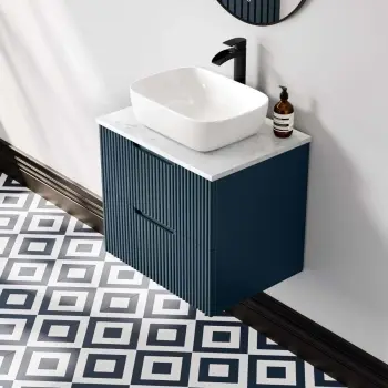 Crete Fluted Navy Blue Wall Hung Drawer Vanity with Marble Top & Curved Basin 600mm