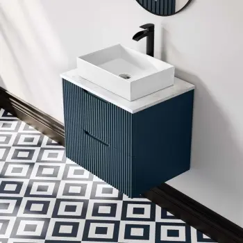 Crete Fluted Navy Blue Wall Hung Drawer Vanity with Marble Top & Cody Basin 600mm
