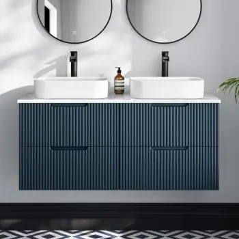 Crete Fluted Navy Blue Double Wall Hung Drawer Vanity with Marble Top & Marin Basin 1200mm