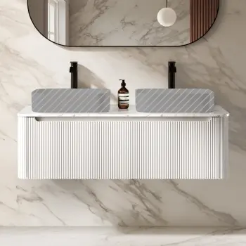 Sorrento Fluted Coastal White Double Wall Hung Drawer Vanity with Marble Top 1200mm - No Basin