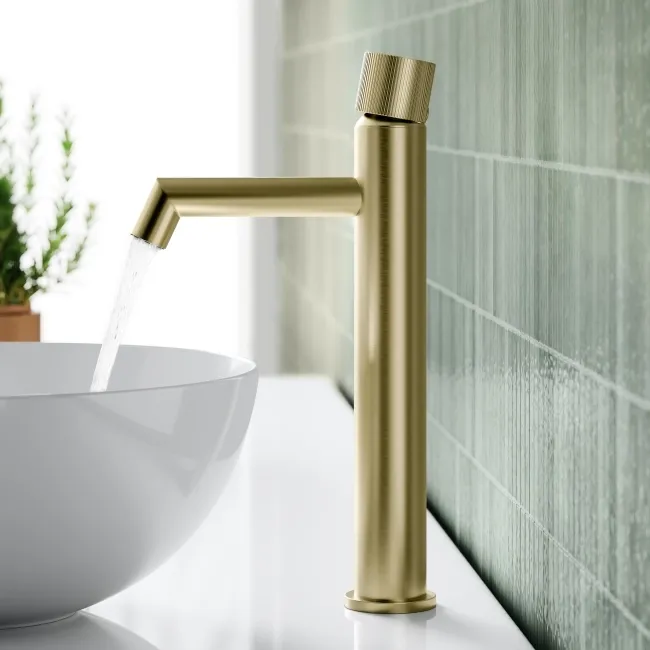 Ennis Brushed Brass High Rise Basin Mixer Tap with Knurled Detailing