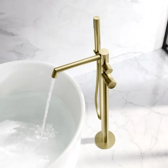 Ennis Brushed Brass Freestanding Bath Shower Mixer Tap with Knurled Detailing