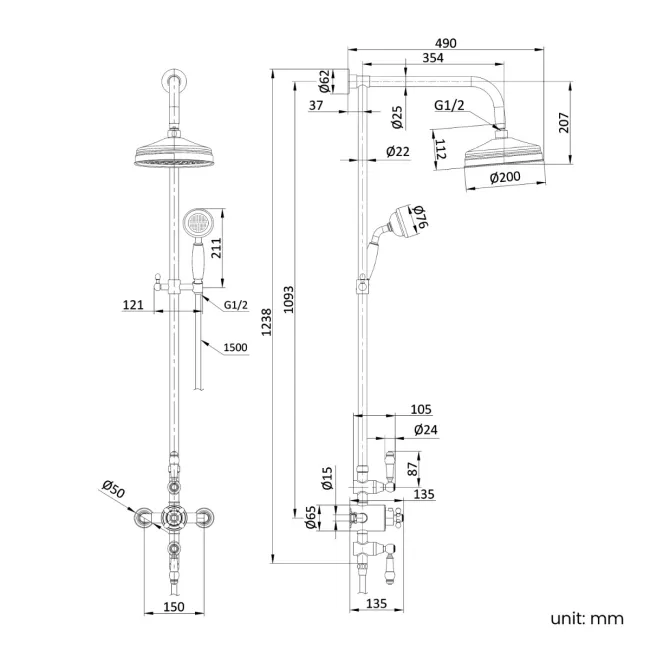 Nevis Brushed Brass Traditional Thermostatic Shower Set with Hand Shower