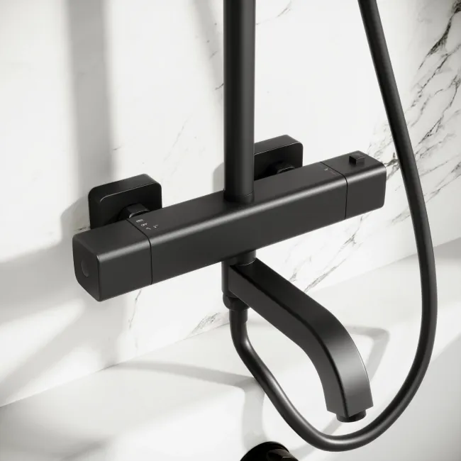Kinsale Matt Black Square Thermostatic Bath Filler Shower Set