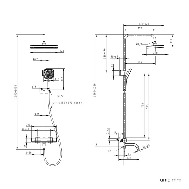 Kinsale Matt Black Square Thermostatic Bath Filler Shower Set